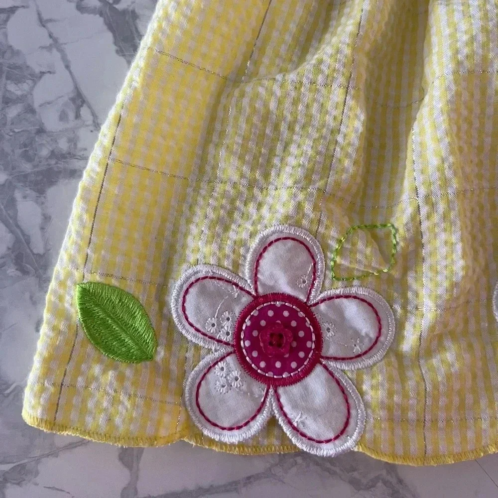 Youngland Baby Yellow Gingham Dress w Flowers & Ruffle Details Baby Girl  12M - Picture 2 of 6